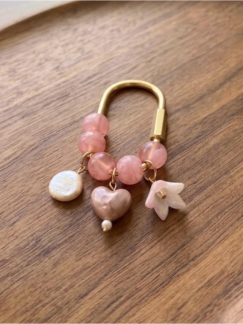Pink Beaded Bag Charm Keyring with Faux Pearl Heart and Flower Charms